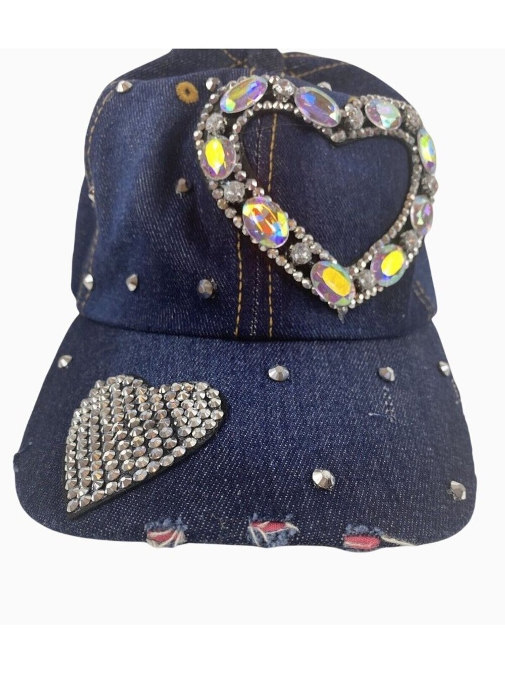 Denim Sparkle Hat Rhinestone Heart Bling Embellished Adjustable Frayed Cap - Picture 4 of 13